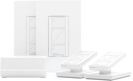 Smart home dimmer kit with a smart bridge, 2 in-wall dimmers, 2 Pico Smart Remotes with 2 pedestals and 2 wallplates