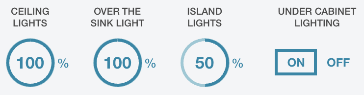 Control percentages for ceiling, over the sink, island, and under cabinet lighting.